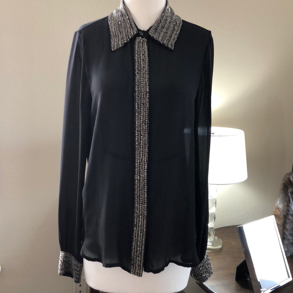 Haute Hippie Black Sheer Silver Sequin Blouse SZ S